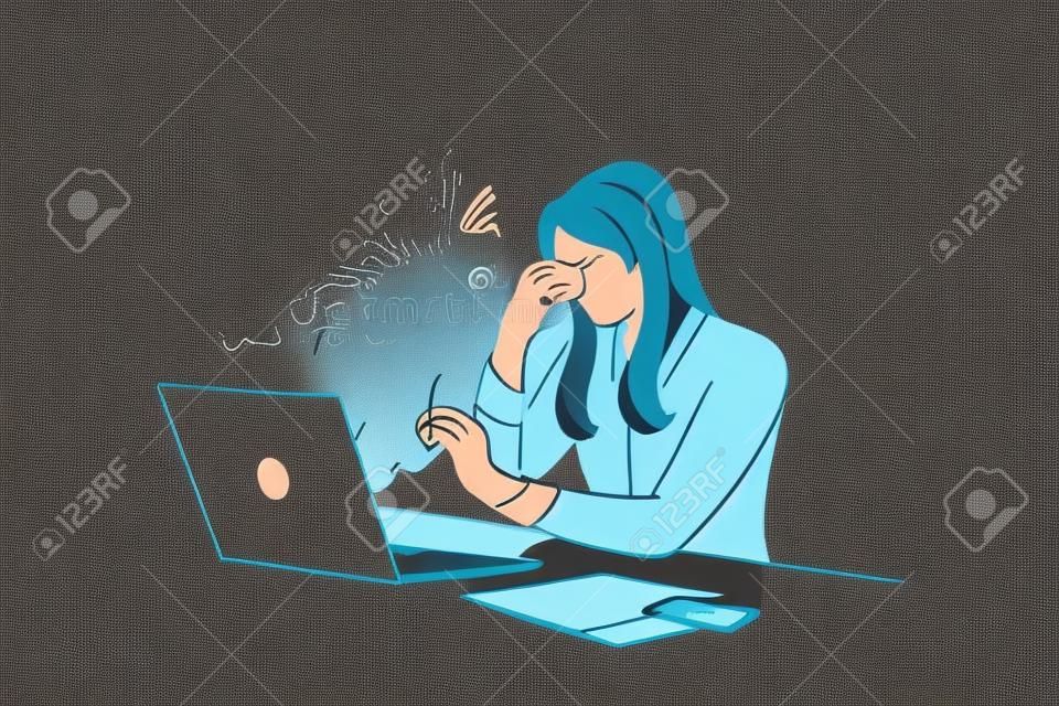 Stress, burnout, overwork concept. Young stressed businesswoman cartoon character witting touching head working on laptop feeling worried, tired and overwhelmed vector illustration