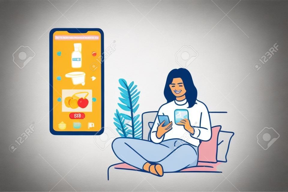 Online winkelen en e-commerce concept. Jonge glimlachende vrouw cartoon karakter zitten op de bank met smartphone en de aankoop van COVID-19 preventieve producten online vanaf huis