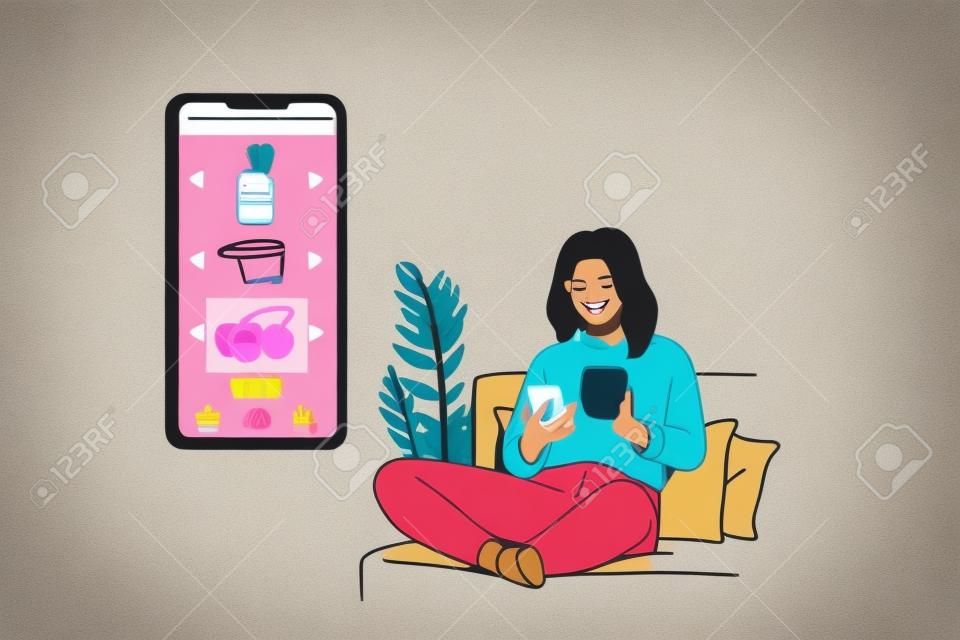 Online winkelen en e-commerce concept. Jonge glimlachende vrouw cartoon karakter zitten op de bank met smartphone en de aankoop van COVID-19 preventieve producten online vanaf huis