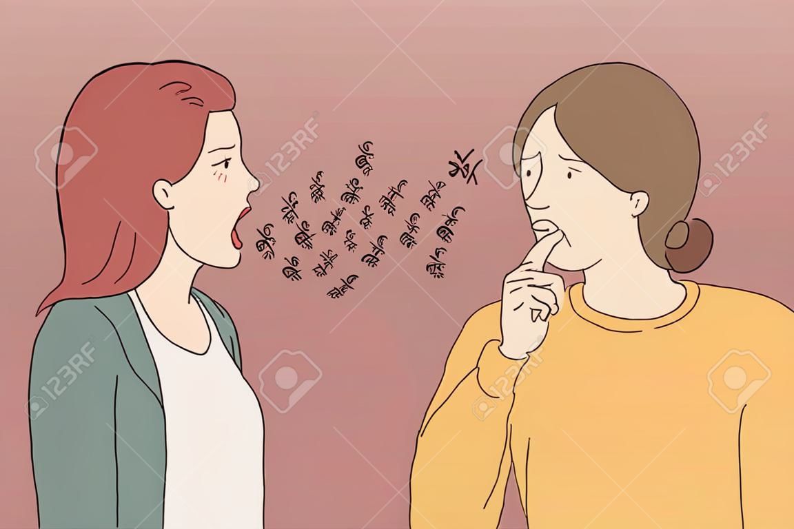 Mental problems, disorder, split personality concept. Angry young woman cartoon character screaming at another her personality with finger on lips gesture meaning silence with negative emotion