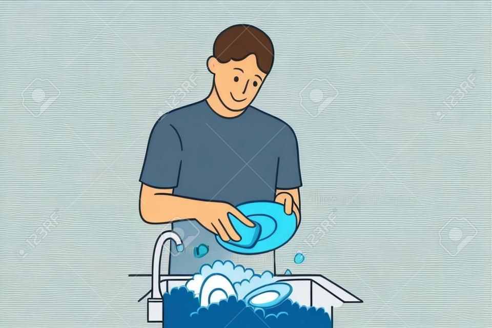 食器洗いと家事のコンセプト。特別な石鹸と白い背景のベクトル図の上にブラシで皿を洗って立っている若い笑顔の男の漫画のキャラクター