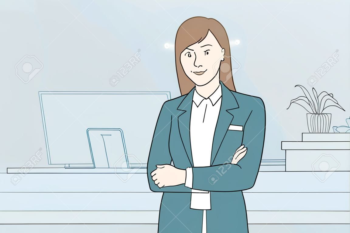 Working in hotel concept. Portrait of young smiling woman working as receptionist standing at desk in lobby of hotel looking at camera vector illustration