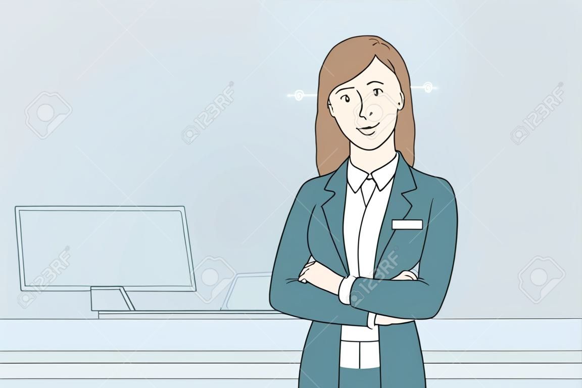 Praca w koncepcji hotelu. portret młodej uśmiechniętej kobiety pracującej jako recepcjonistka stojąca przy biurku w holu hotelu patrząc na ilustrację wektora kamery
