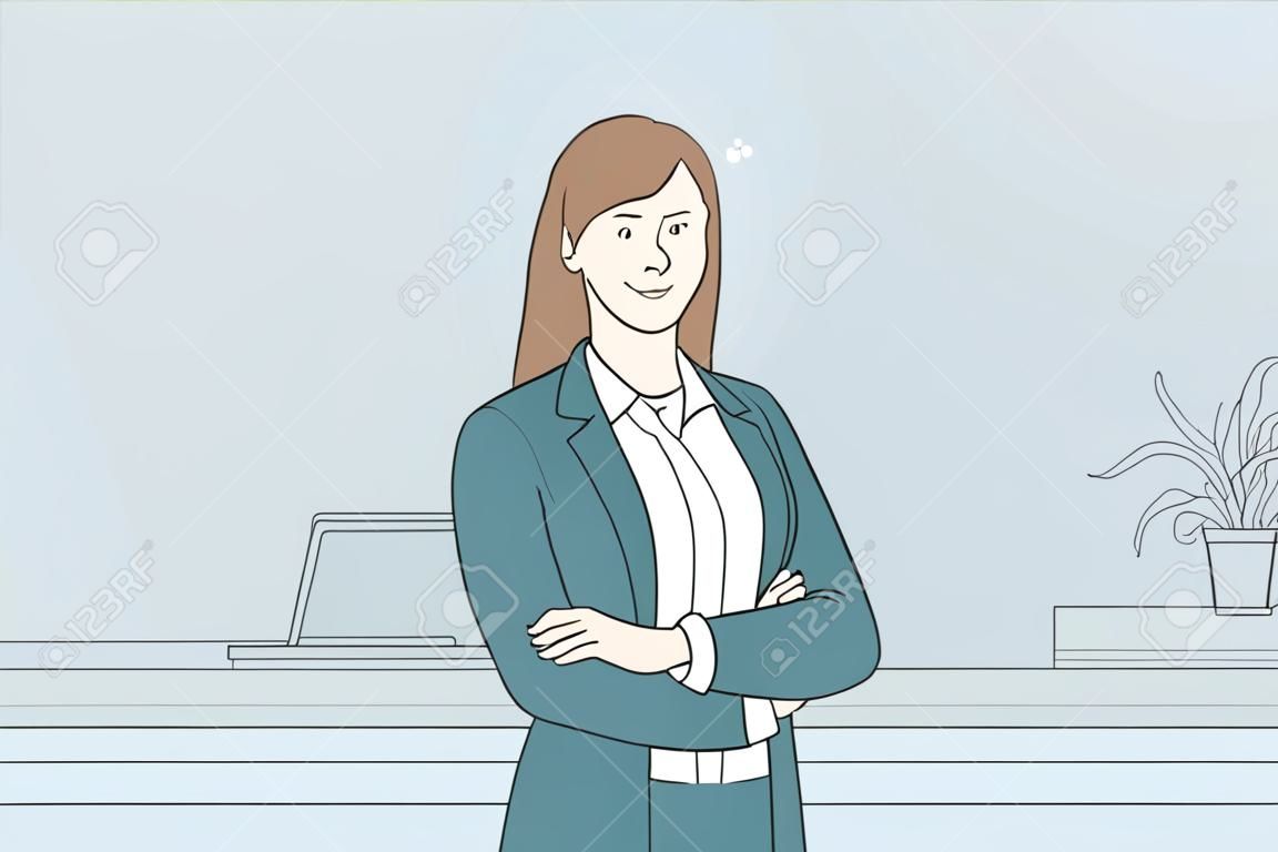 Praca w koncepcji hotelu. portret młodej uśmiechniętej kobiety pracującej jako recepcjonistka stojąca przy biurku w holu hotelu patrząc na ilustrację wektora kamery