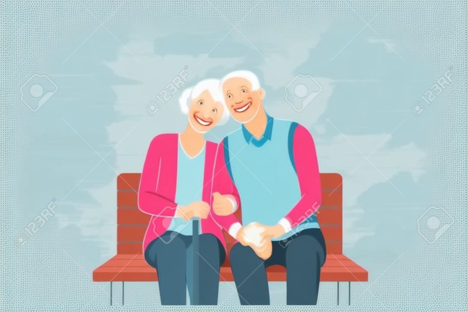 Koncepcja stylu życia szczęśliwych ludzi starszych. uśmiechnięta starsza para relaksująca się w parku, siedząca na ławce, trzymająca się za ręce, ciesząca się wolnym czasem na świeżym powietrzu ilustracji wektorowych