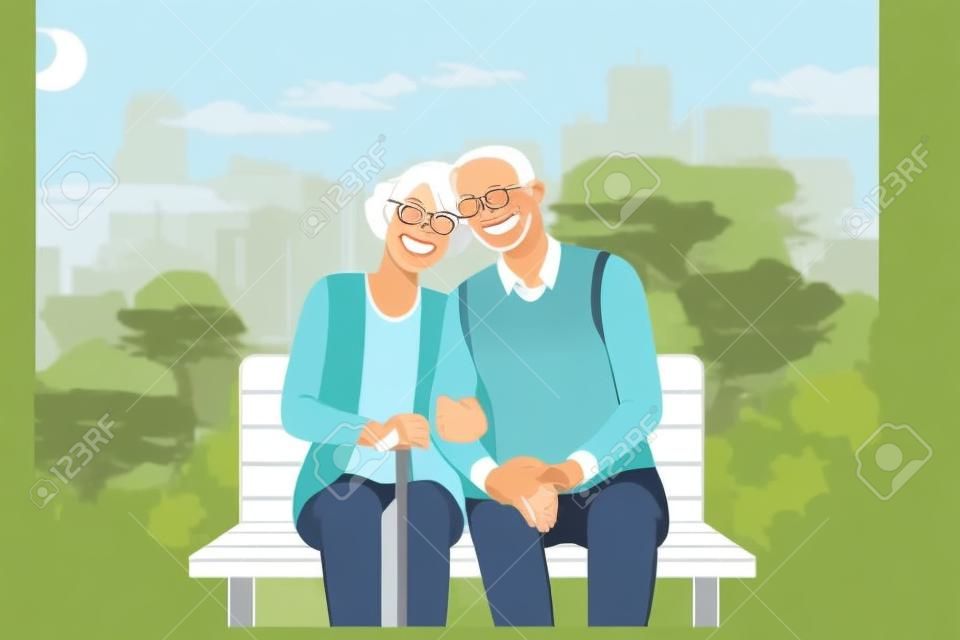 Concepto de estilo de vida de personas mayores felices. Pareja madura sonriente relajándose en el parque, sentada en un banco, tomándose de la mano disfrutando del tiempo libre al aire libre ilustración vectorial