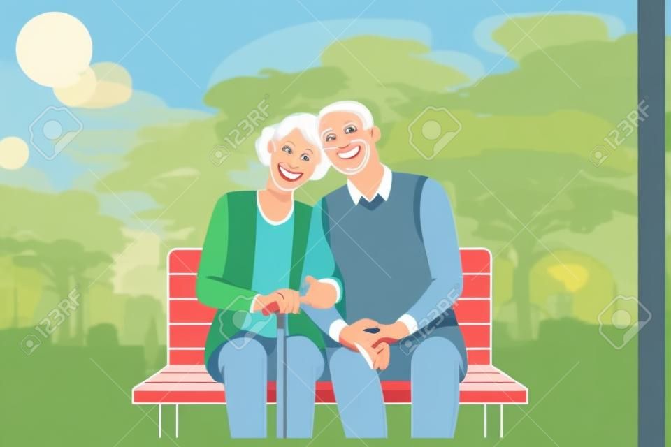 Happy senior people lifestyle concept. Smiling aged mature couple relaxing in park, sitting on bench, holding hands enjoying leisure time outdoors vector illustration