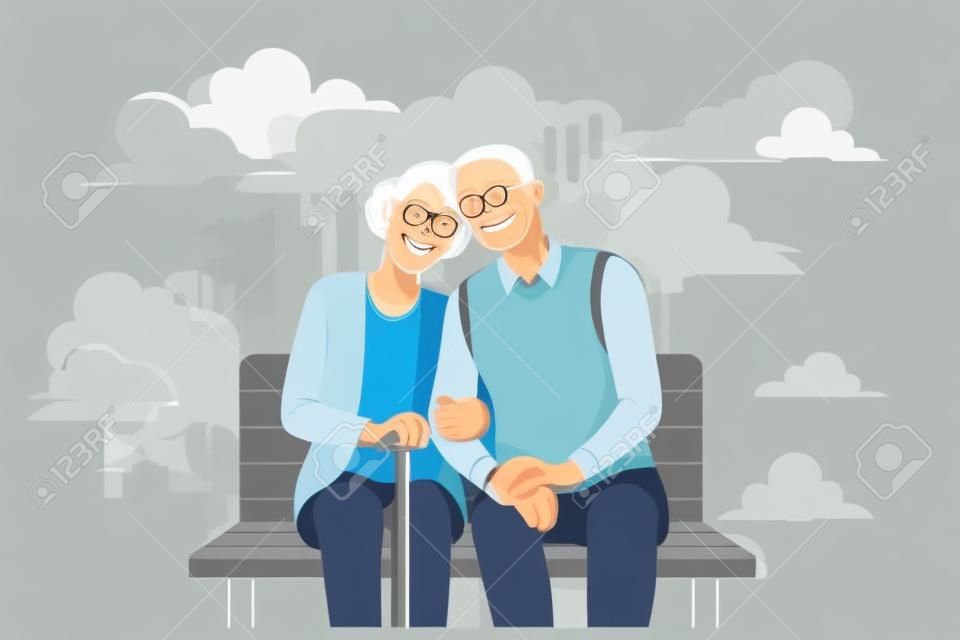 Concetto di stile di vita delle persone anziane felici. Sorridente coppia matura invecchiata rilassante nel parco, seduto su una panchina, tenendosi per mano godendo il tempo libero all'aperto illustrazione vettoriale