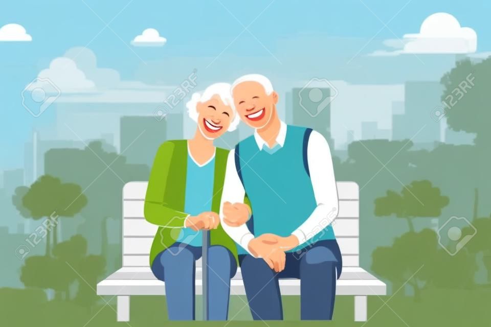 Concetto di stile di vita delle persone anziane felici. Sorridente coppia matura invecchiata rilassante nel parco, seduto su una panchina, tenendosi per mano godendo il tempo libero all'aperto illustrazione vettoriale
