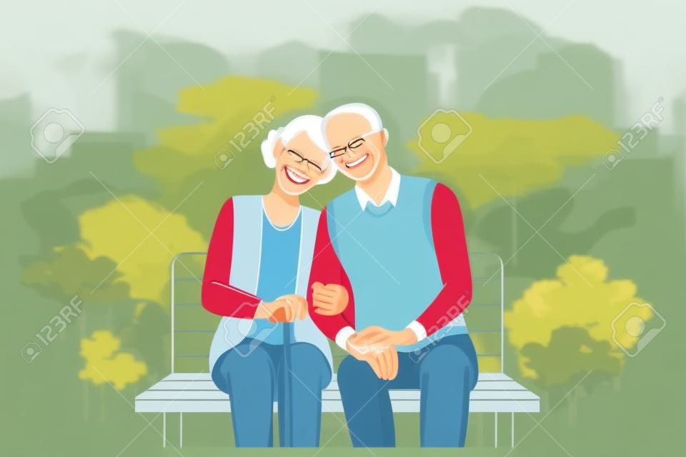 Concepto de estilo de vida de personas mayores felices. Pareja madura sonriente relajándose en el parque, sentada en un banco, tomándose de la mano disfrutando del tiempo libre al aire libre ilustración vectorial