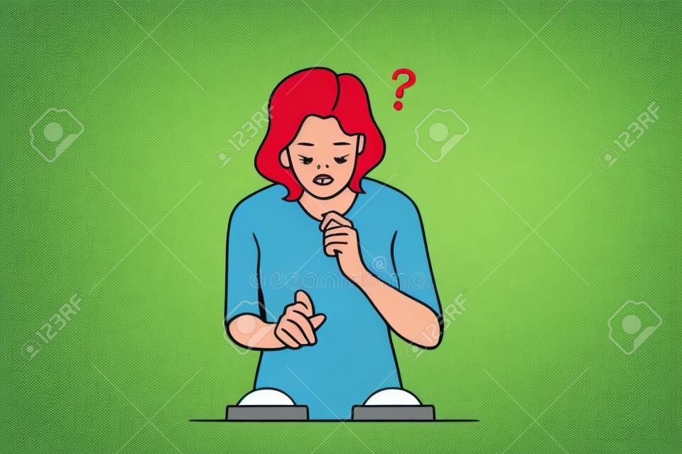 Feeling doubt, difficult choice concept. Young frustrated woman cartoon character standing feeling doubt with question signs above near red and green buttons vector illustration