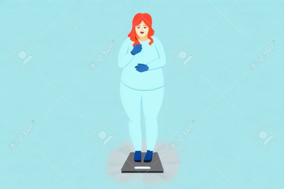 Overgewicht en Obese mensen concept. Dikke obesitas verdrietige vrouw staan op weegschalen met gewichtsproblemen voelen gestressed vector illustratie