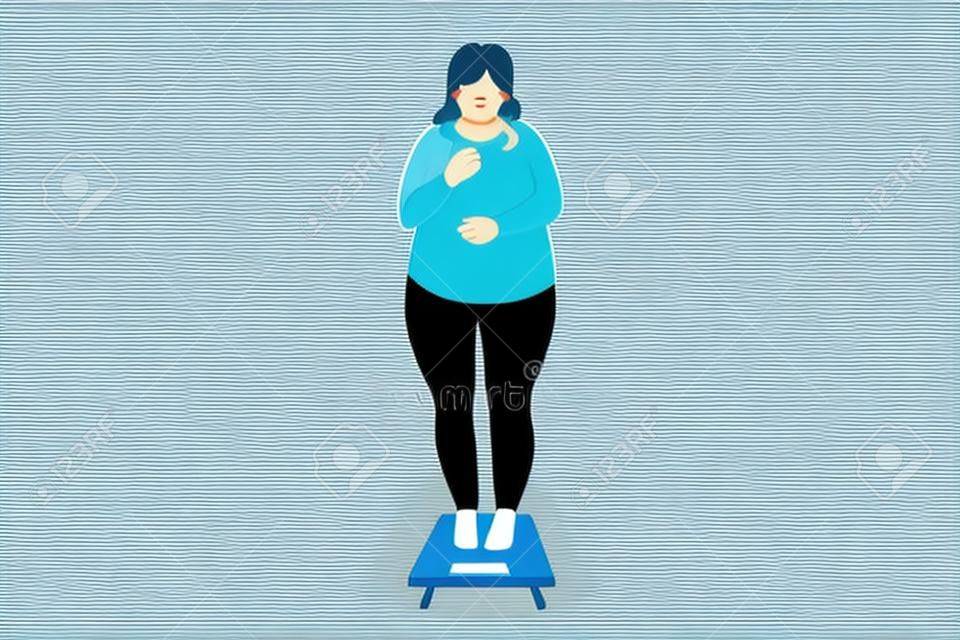 Overweight and Obese people concept. Fat obese sad woman standing on scales having weight problems feeling stressed vector illustration