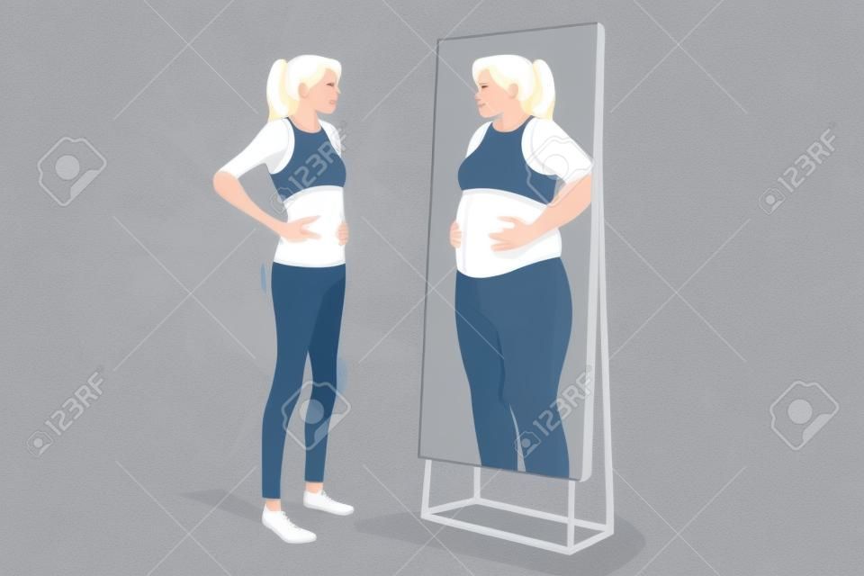 Unwohles dünnes Mädchen, das in den Spiegel schaut, sieht fette, fettleibige Reflexion. Verärgerte dünne schlanke Frau leidet an Essstörung. Weiblicher Kampf mit Anorexie oder Bulimie. Psychisches Gesundheitsproblem. Vektor-Illustration.