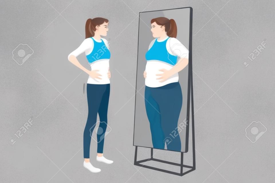 体調不良のやせっぽちの女の子が鏡を見て、太った肥満の反射を見てください。動揺した痩せたスリムな女性は摂食障害に苦しんでいます。拒食症または過食症との女性の闘争。メンタルヘルスの問題。ベクトルイラスト。