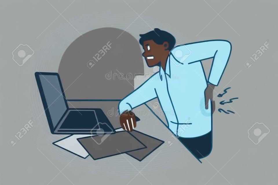 Geïrriteerde man kantoormedewerker zittend op laptop aanrakende rug gevoel pijn vector illustratie