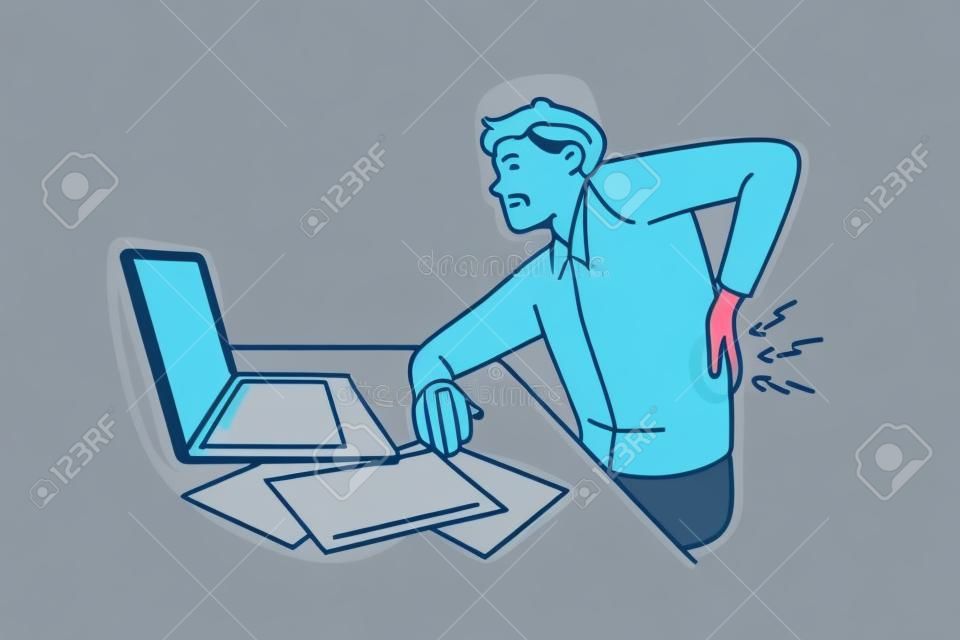 Uczucie bólu pleców w koncepcji biurowej. zirytowany mężczyzna pracownik biurowy siedzi przy laptopie, dotykając pleców uczucie bólu ilustracji wektorowych