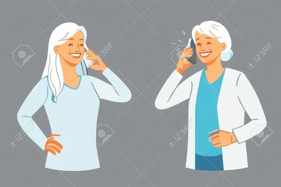 Uśmiechnięta tysiącletnia dziewczyna rozmawia przez telefon komórkowy z pozytywną siwowłosą starą babcią. szczęśliwa młoda kobieta dzwoni do optymistycznej starszej babci, ciesz się przyjemną rozmową przez komórkę. ilustracja wektorowa płaski.