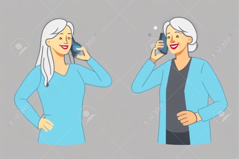 Glimlachende millennial meisje praten op mobiele telefoon met positieve grijsharige oude grootmoeder. Gelukkige jonge vrouw noemen optimistische oudere oma, genieten van een aangenaam gesprek op de cel. Platte vector illustratie.