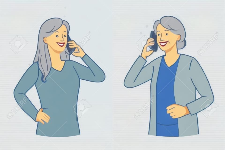 Glimlachende millennial meisje praten op mobiele telefoon met positieve grijsharige oude grootmoeder. Gelukkige jonge vrouw noemen optimistische oudere oma, genieten van een aangenaam gesprek op de cel. Platte vector illustratie.