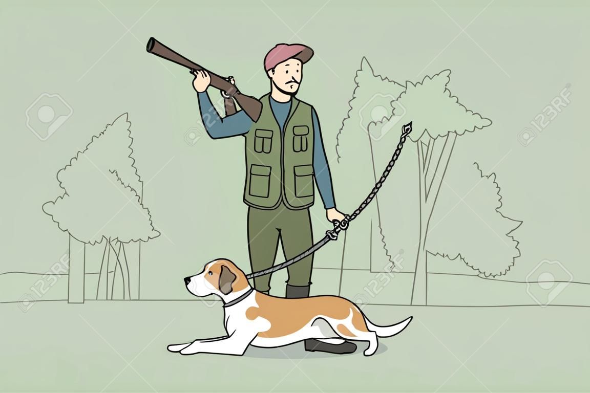 Hunter with dog in wild nature