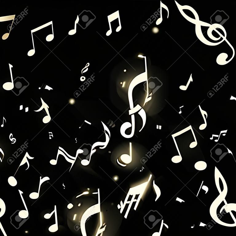 Miracle Musical Notes on Black Background. Vector Luminous Musical Symbols. 
 Many Random Falling Notes, Bass and Treble Clef.
 Jazz Background.  Abstract Black and White Vector Illustration.