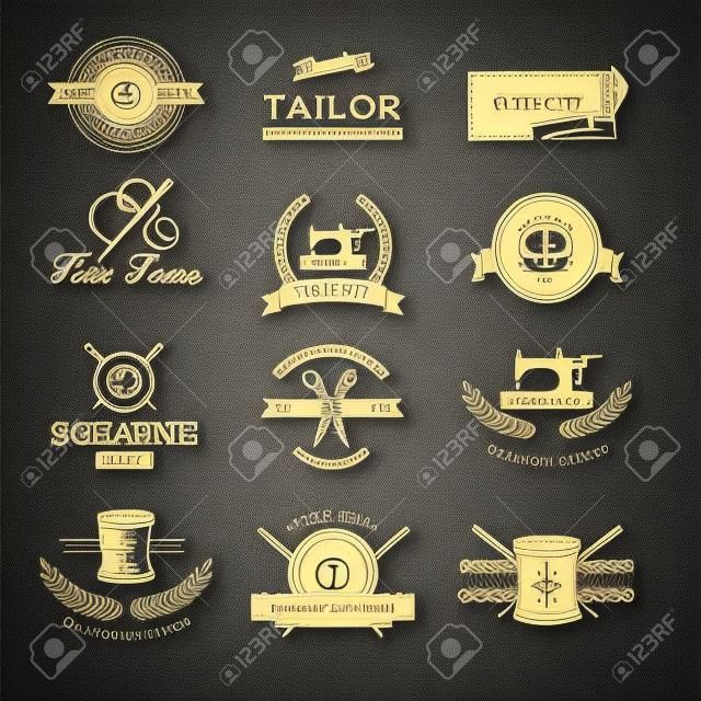 Conjunto de etiquetas, emblemas e elementos de design personalizados. Loja de alfaiataria. Logotipo