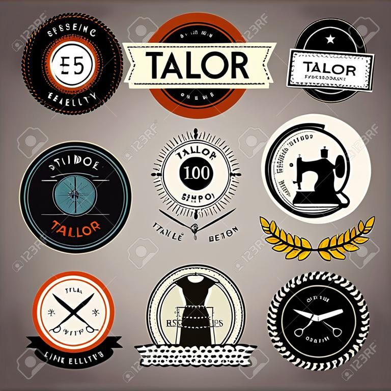 Conjunto de etiquetas, emblemas e elementos de design personalizados. Loja de alfaiataria. Logotipo