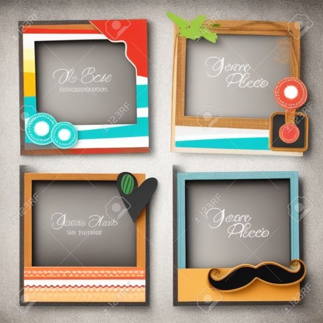 Design photo frames on nice background. Decorative template for baby, family or memories. Scrapbook concept, vector illustration. Hipster style