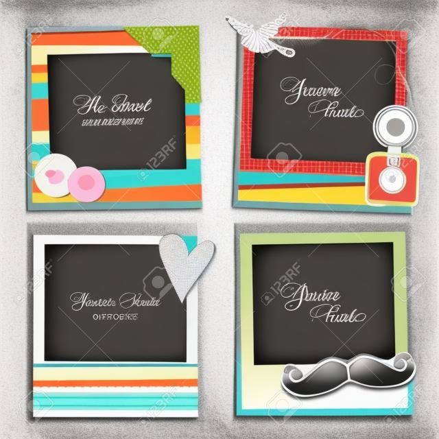 Design photo frames on nice background. Decorative template for baby, family or memories. Scrapbook concept, vector illustration. Hipster style