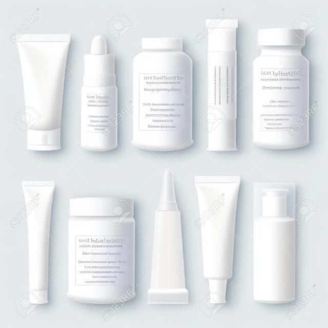 Realistische Tubes, Pot en Pakket. Verpakking Witte Cosmetica en Geneesmiddelen Geïsoleerd op witte achtergrond. U kunt het gebruiken voor Tube van Creams, Medicatie, Chemische, Gel, Zalven of een ander product