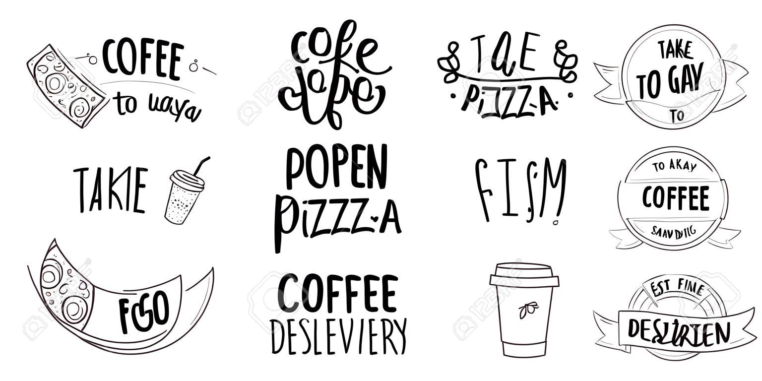 Take away, to go, delivering coffee, pizza, sandwich - set of handwritten sign for fast food restaurant, pizzeria, coffee corner. Vector stock illustration isolated on whita background. EPS10