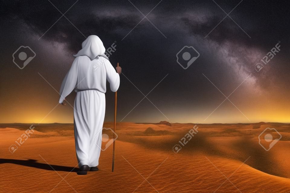 Jesus Christ walking with stick in desert, back view. Space for text
