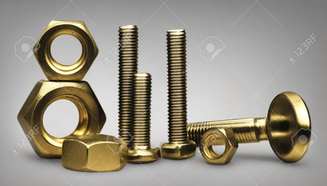 Different metal bolts and nuts on white background