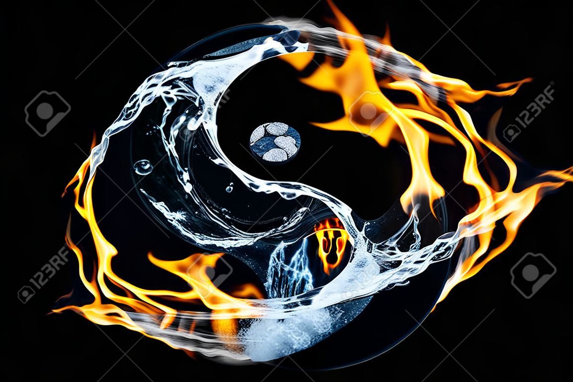 Płomienie ognia i rozpryski wody przypominające symbol yin yang na czarnym tle. filozofia feng shui