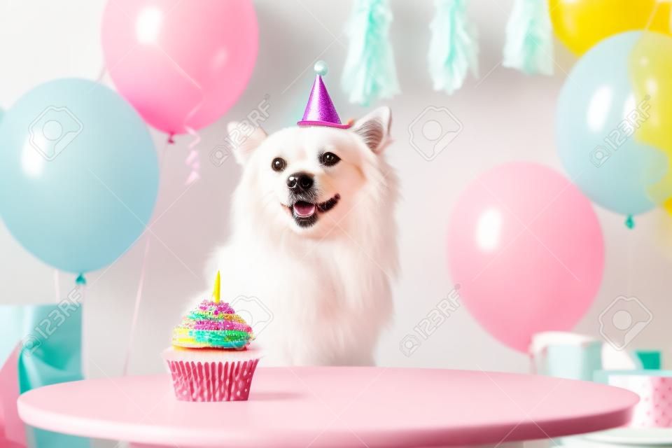 Cute dog wearing party hat at table with delicious birthday cupcake in decorated room