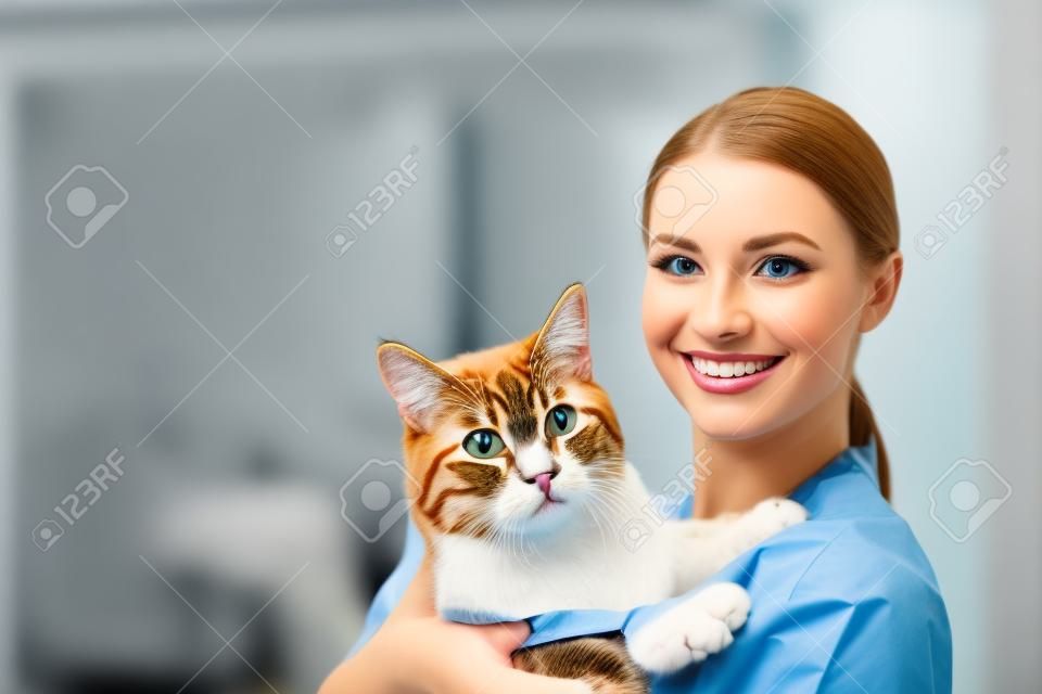 Lekarz weterynarii z uroczym kotem w klinice