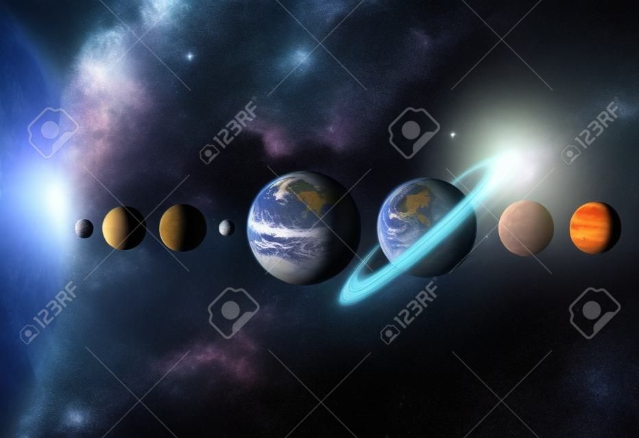 オープンスペースのさまざまな惑星や星、イラスト