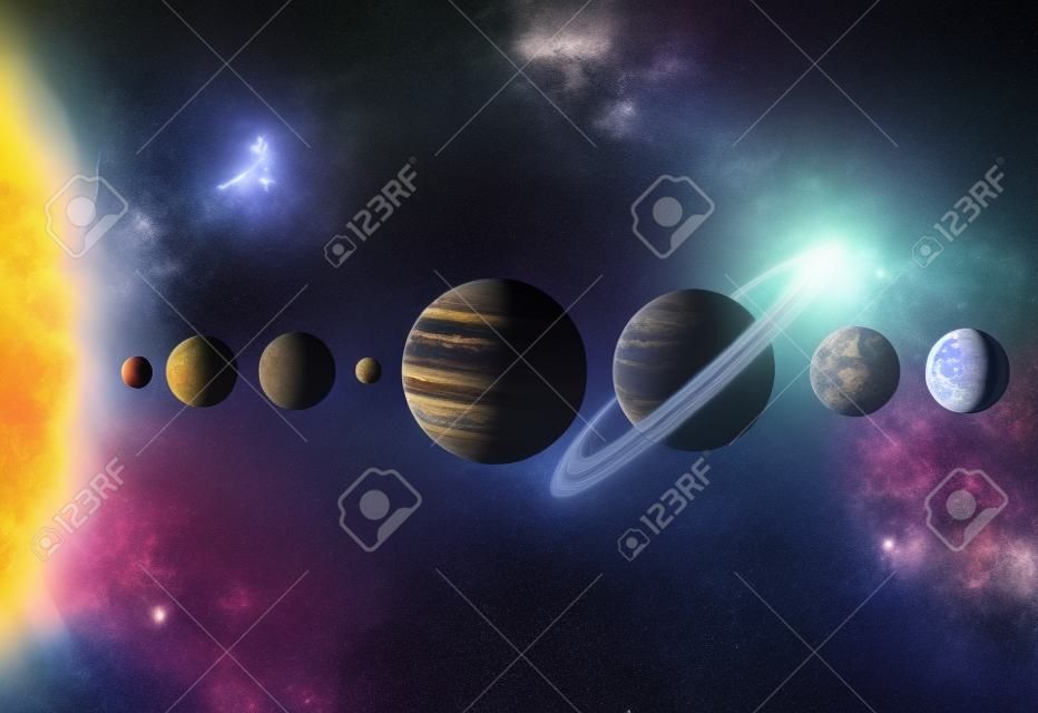 オープンスペースのさまざまな惑星や星、イラスト