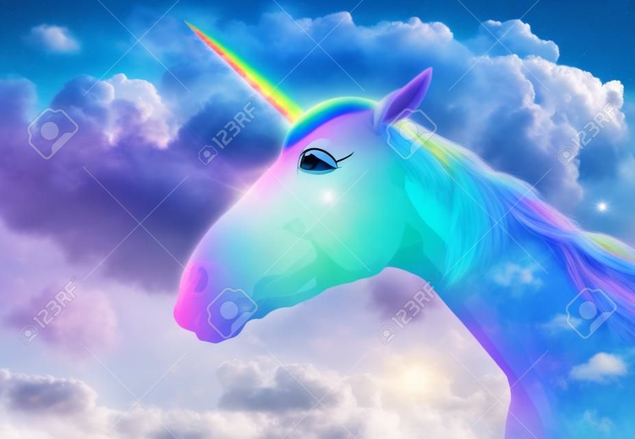 Magic unicorn in beautiful sky with rainbow and fluffy clouds. fantasy world
