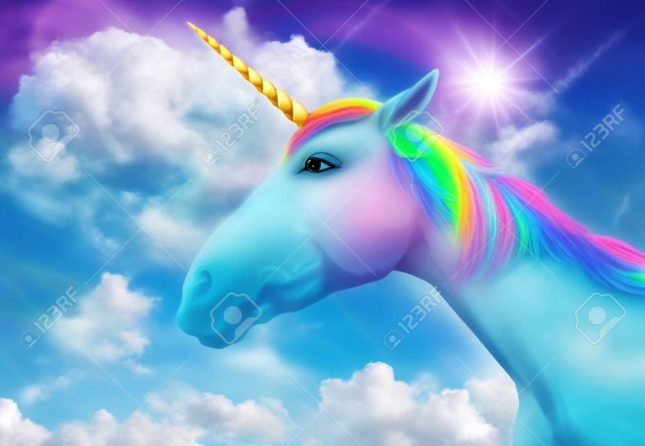 Magic unicorn in beautiful sky with rainbow and fluffy clouds. fantasy world