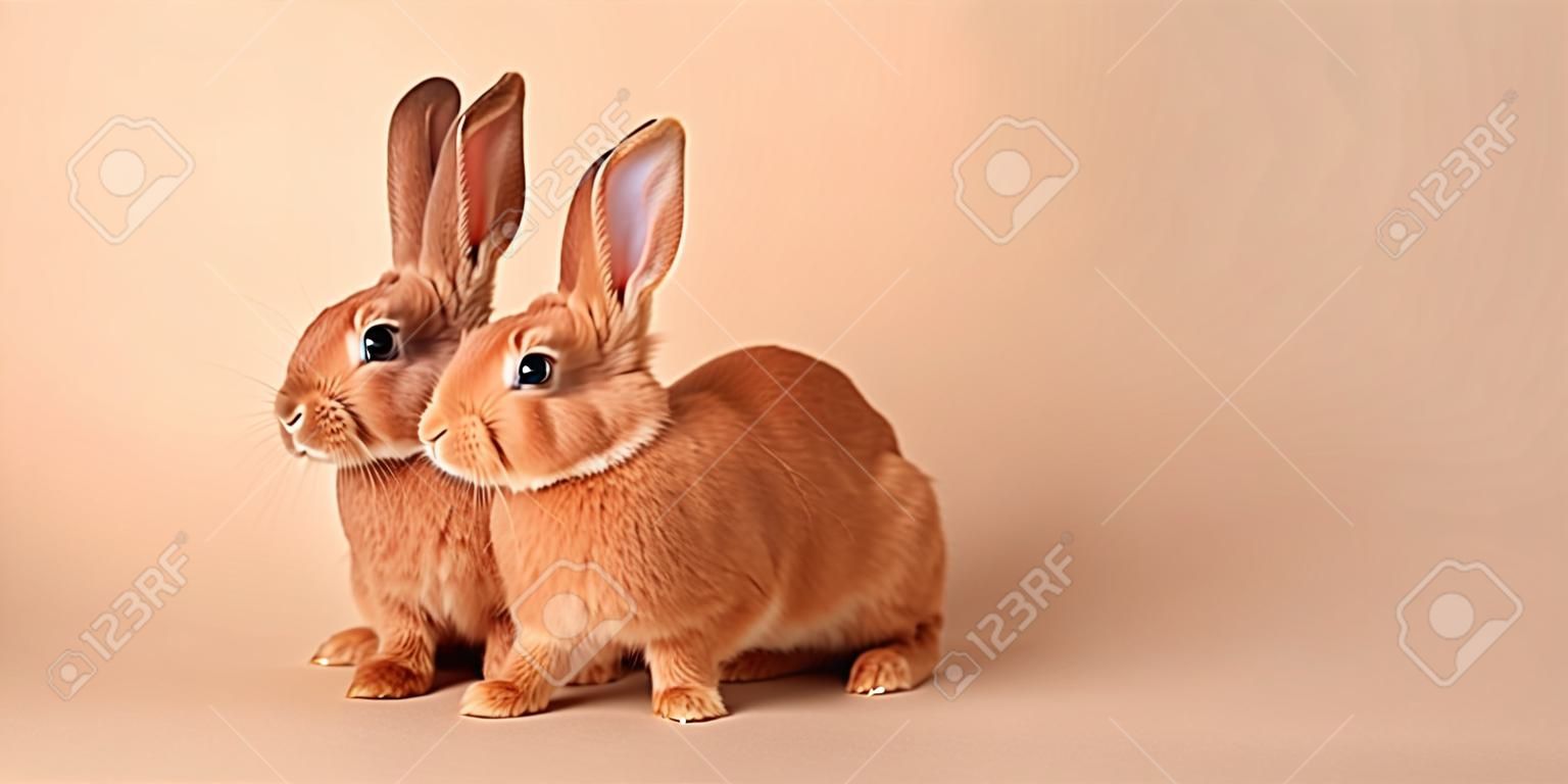 Cute bunnies on beige background, space for text. easter symbol