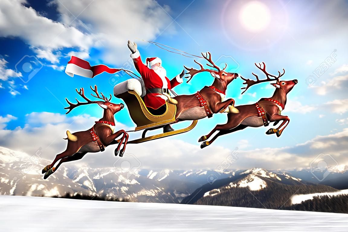 Magic Christmas Eve. Santa with reindeers flying in the sky