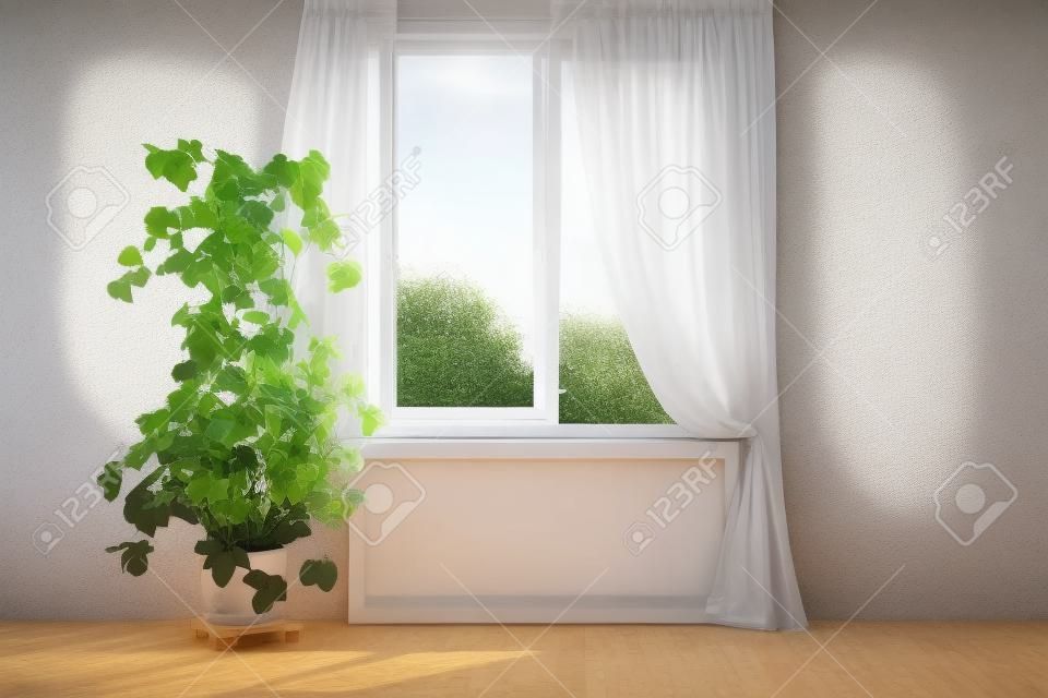 Light room with window and open curtains. home interior