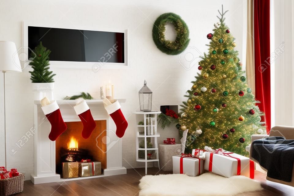 Stylish interior with beautiful Christmas tree and decorative fireplace