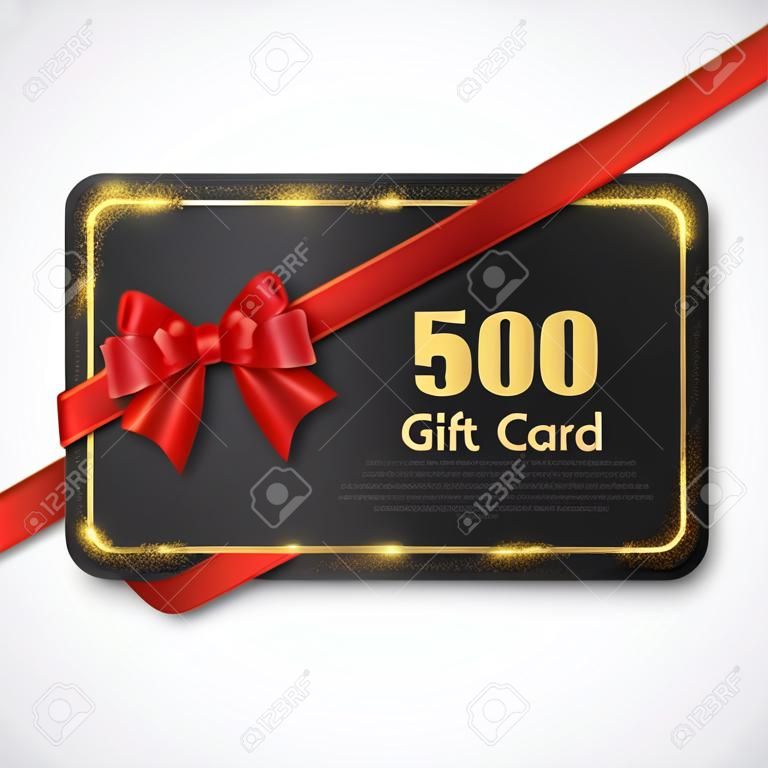Geschenkkartendesign mit realistischem rotem Bogen und goldenem Funkelnrahmen. 500 $ Gutschein, Einkaufsgutschein. Vektor-Illustration.