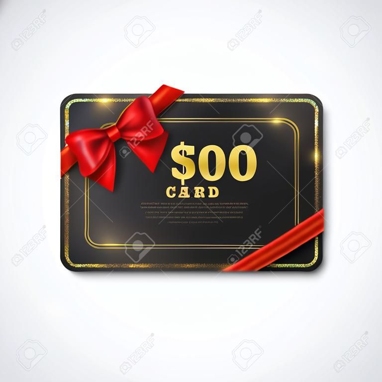 Projekt karty podarunkowej z realistyczną czerwoną kokardą i złotą ramą z brokatem. Kupon 500 $, certyfikat na zakupy. Ilustracja wektorowa.