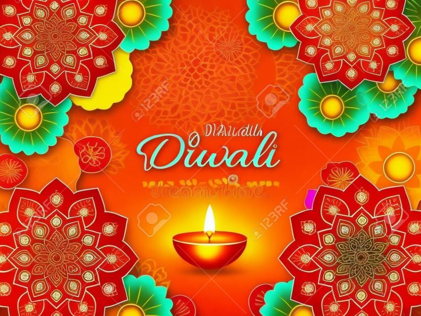 Diwali, festival of lights holiday banner with paper cut style of Indian Rangoli, diya - oil lamp and lotus flowers. White color background. Vector illustration.