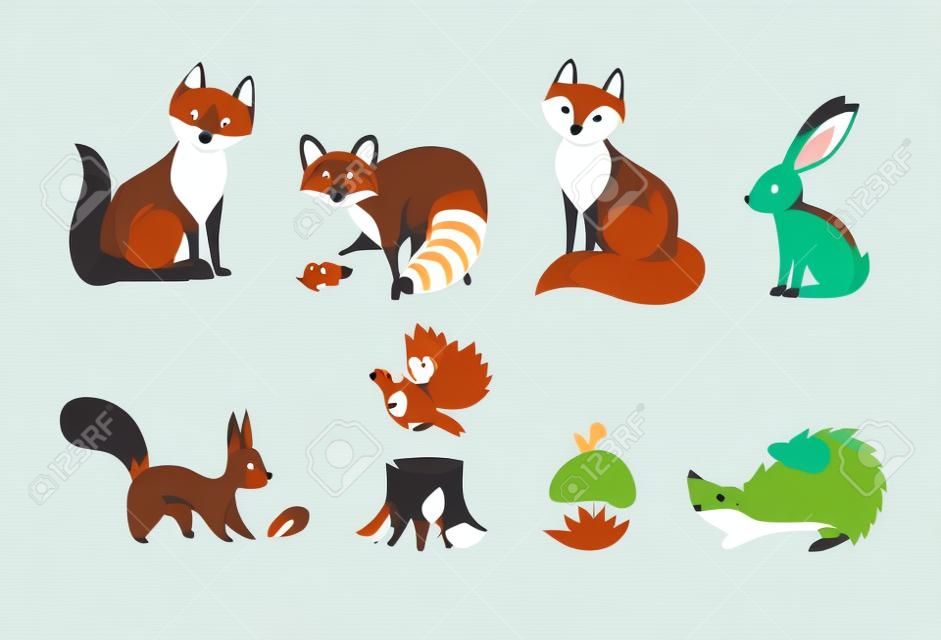 Conjunto de animales del bosque. Lobo, zorro, conejo y otras criaturas del bosque. Ilustración vectorial en estilo de dibujos animados