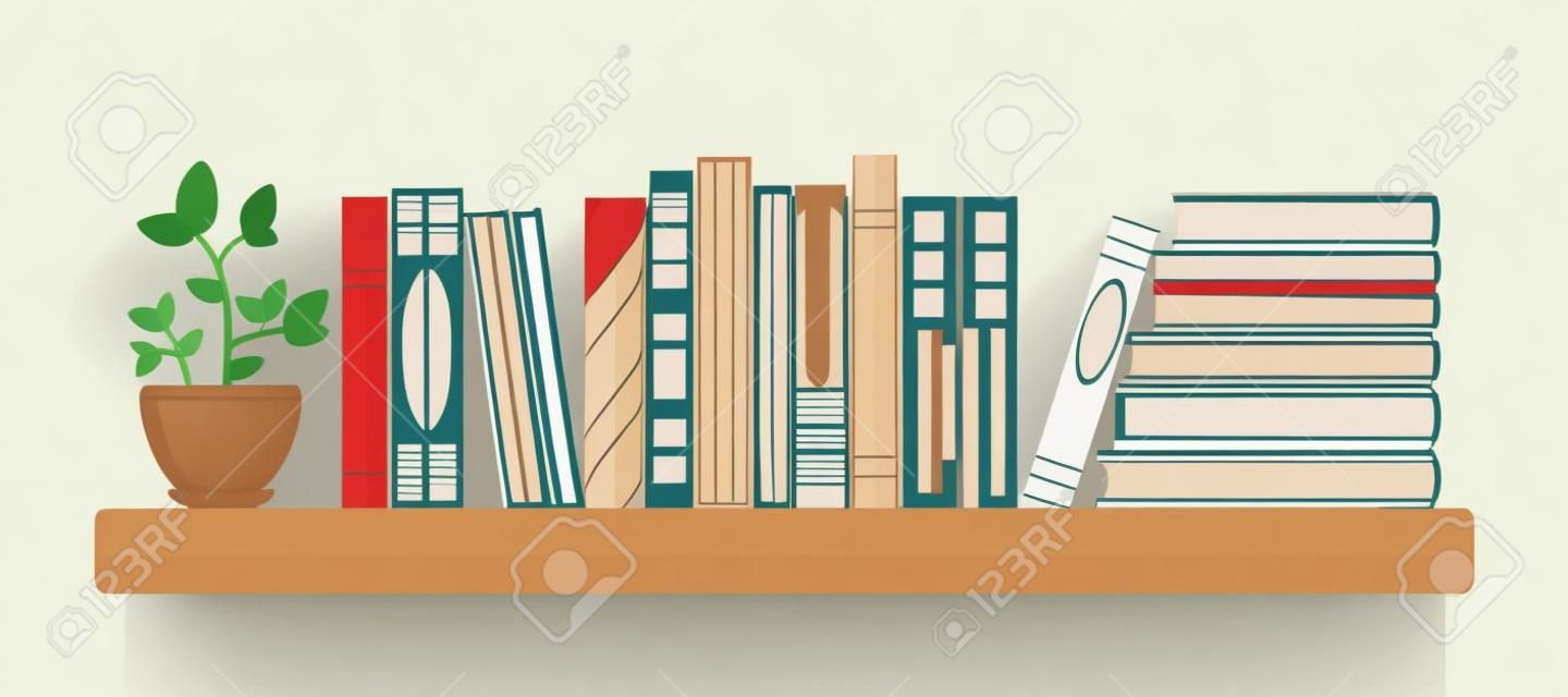 Shelf with books and potted plant. Read lover shelf in cartoon style. Vector illustration isolated on white background